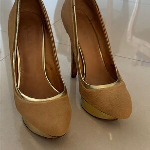 L.A.M.B. Tan and Gold Heels